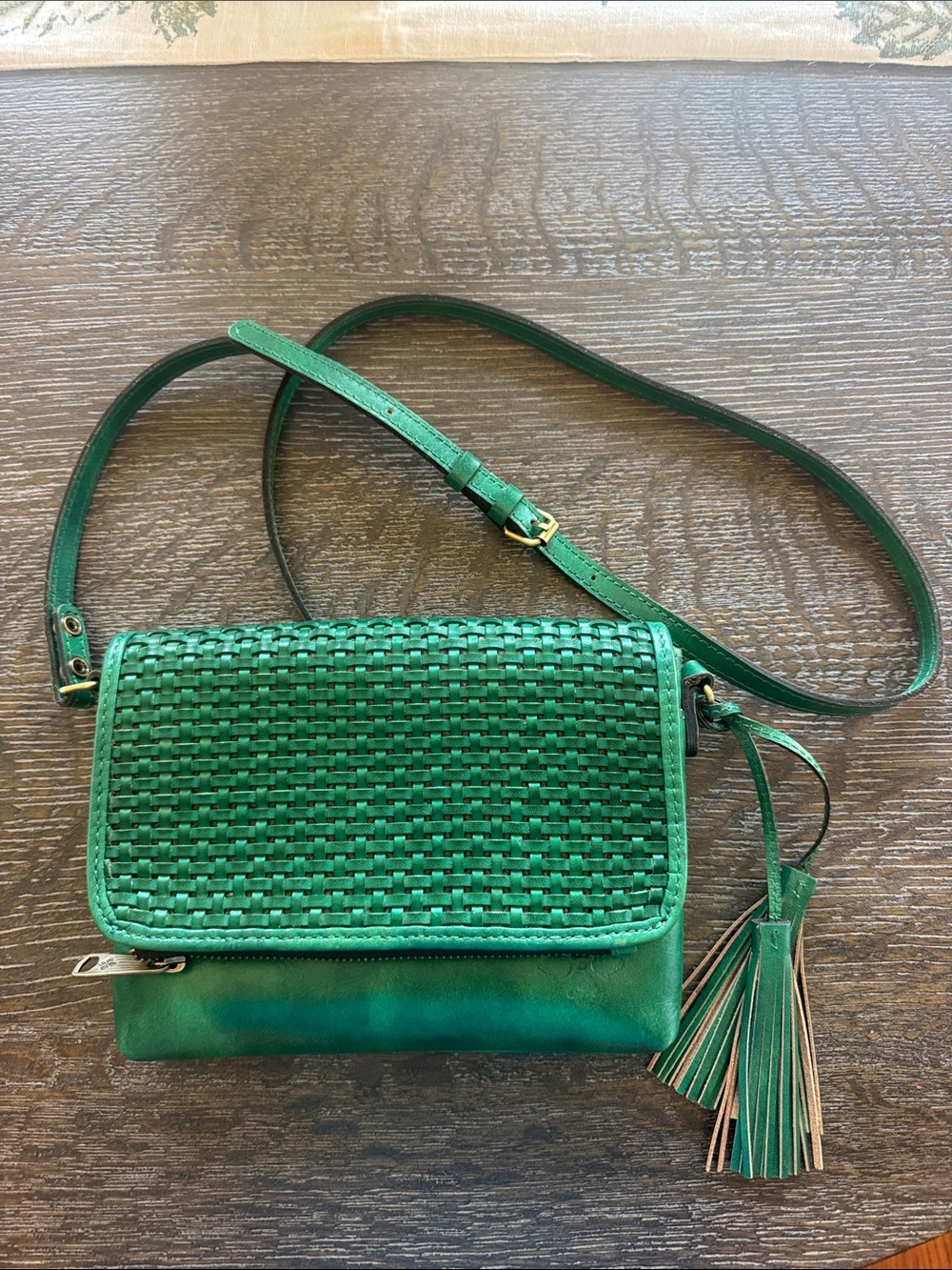 Patricia Nash Green Woven Crossbody Bag with Tassel